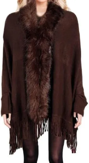 Womens Fringe Poncho Knitted Sweaters Cape Faux Fur Trim Shawl Wraps Batwing Sleeve Cloak Open Front Cardigan Scarf for Women
