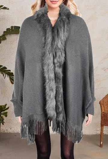 Womens Fringe Poncho Knitted Sweaters Cape Faux Fur Trim Shawl Wraps Batwing Sleeve Cloak Open Front Cardigan Scarf for Women