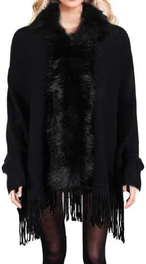 Womens Fringe Poncho Knitted Sweaters Cape Faux Fur Trim Shawl Wraps Batwing Sleeve Cloak Open Front Cardigan Scarf for Women