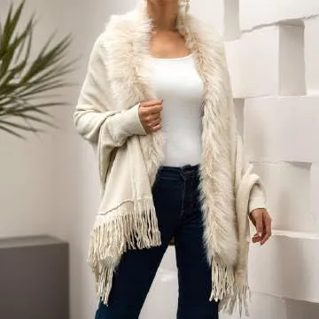 Womens Fringe Poncho Knitted Sweaters Cape Faux Fur Trim Shawl Wraps Batwing Sleeve Cloak Open Front Cardigan Scarf for Women
