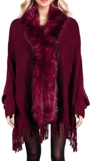 Womens Fringe Poncho Knitted Sweaters Cape Faux Fur Trim Shawl Wraps Batwing Sleeve Cloak Open Front Cardigan Scarf for Women