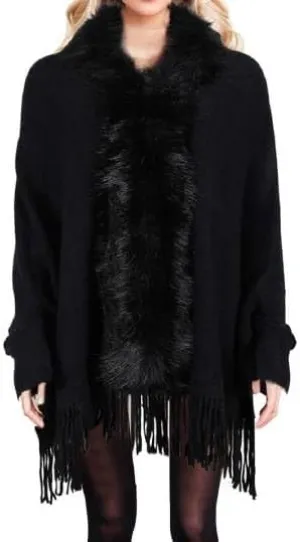 Womens Fringe Poncho Knitted Sweaters Cape Faux Fur Trim Shawl Wraps Batwing Sleeve Cloak Open Front Cardigan Scarf for Women