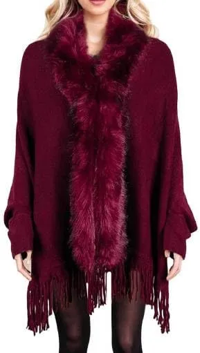 Womens Fringe Poncho Knitted Sweaters Cape Faux Fur Trim Shawl Wraps Batwing Sleeve Cloak Open Front Cardigan Scarf for Women
