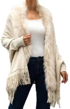 Womens Fringe Poncho Knitted Sweaters Cape Faux Fur Trim Shawl Wraps Batwing Sleeve Cloak Open Front Cardigan Scarf for Women