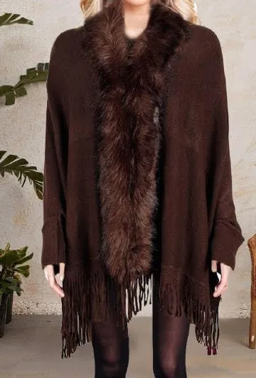 Womens Fringe Poncho Knitted Sweaters Cape Faux Fur Trim Shawl Wraps Batwing Sleeve Cloak Open Front Cardigan Scarf for Women