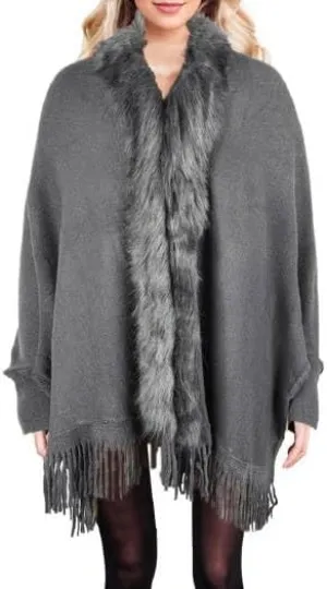 Womens Fringe Poncho Knitted Sweaters Cape Faux Fur Trim Shawl Wraps Batwing Sleeve Cloak Open Front Cardigan Scarf for Women