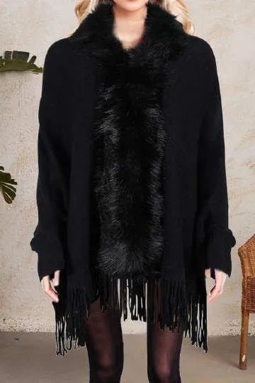 Womens Fringe Poncho Knitted Sweaters Cape Faux Fur Trim Shawl Wraps Batwing Sleeve Cloak Open Front Cardigan Scarf for Women