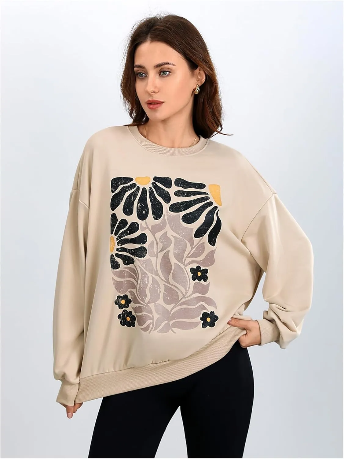 Women's Graphic Drop Shoulder Crew Neck Sweatshirt Long Sleeve Oversized Pullovers