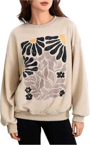 Women's Graphic Drop Shoulder Crew Neck Sweatshirt Long Sleeve Oversized Pullovers