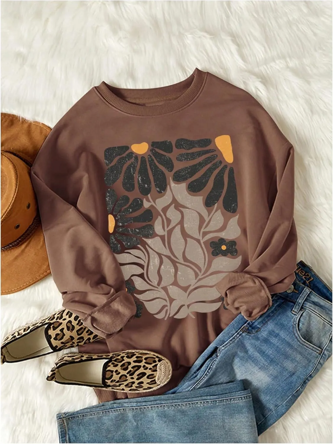 Women's Graphic Drop Shoulder Crew Neck Sweatshirt Long Sleeve Oversized Pullovers