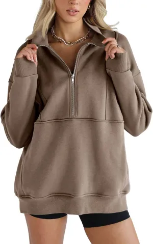Women's Half Zip Sweatshirts Fleece Stand Collar Long Sleeve Thumb Hole Oversized Pullovers with Pockets