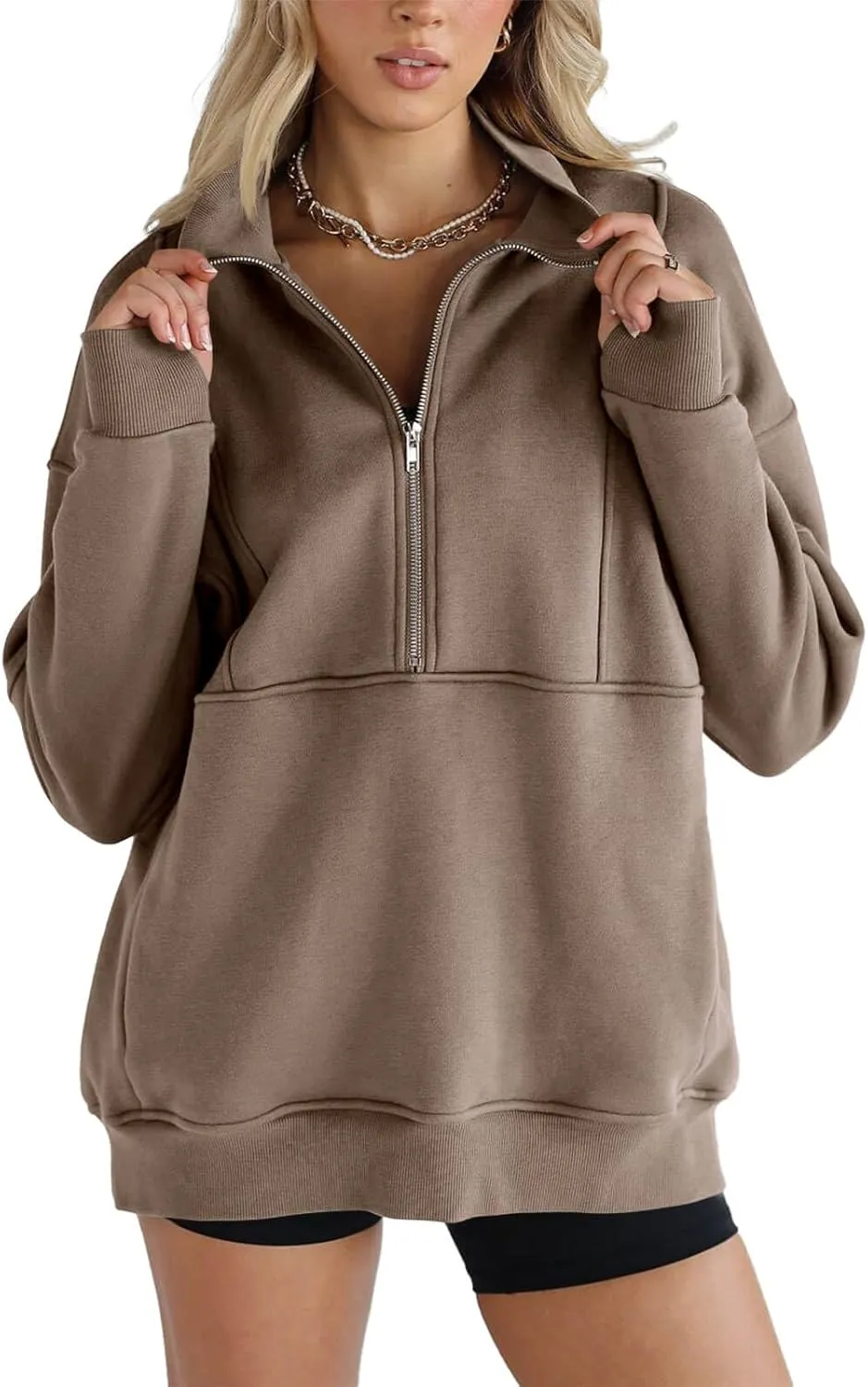 Women's Half Zip Sweatshirts Fleece Stand Collar Long Sleeve Thumb Hole Oversized Pullovers with Pockets