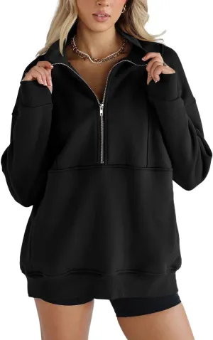 Women's Half Zip Sweatshirts Fleece Stand Collar Long Sleeve Thumb Hole Oversized Pullovers with Pockets