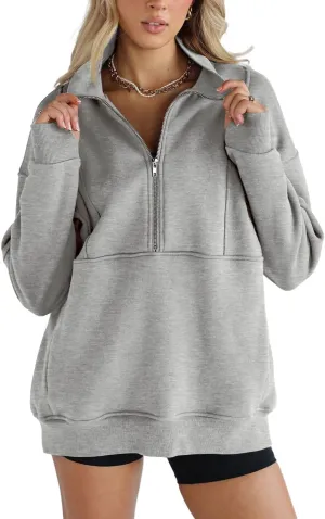 Women's Half Zip Sweatshirts Fleece Stand Collar Long Sleeve Thumb Hole Oversized Pullovers with Pockets