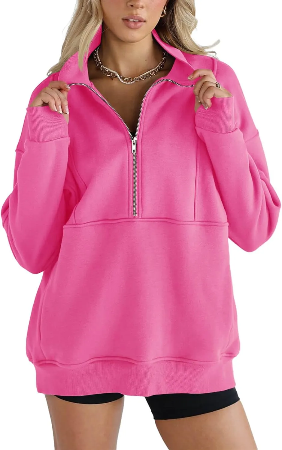 Women's Half Zip Sweatshirts Fleece Stand Collar Long Sleeve Thumb Hole Oversized Pullovers with Pockets