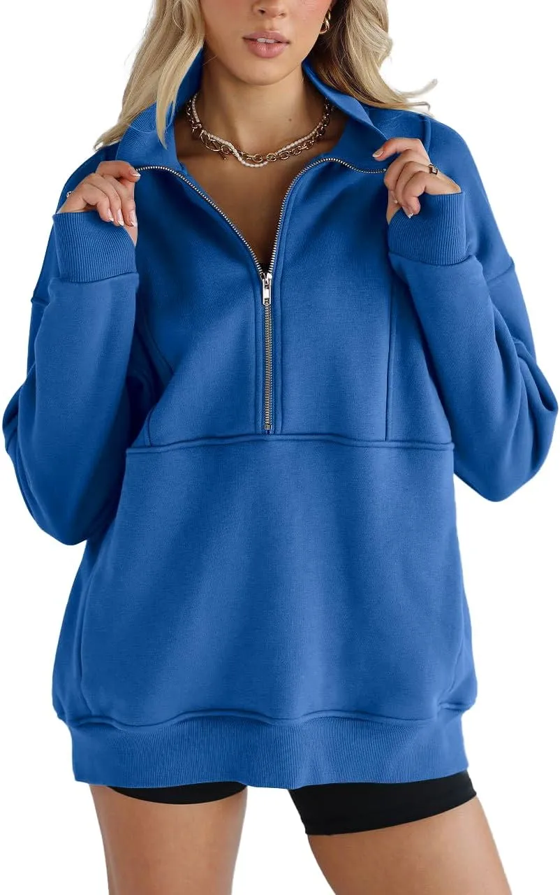 Women's Half Zip Sweatshirts Fleece Stand Collar Long Sleeve Thumb Hole Oversized Pullovers with Pockets