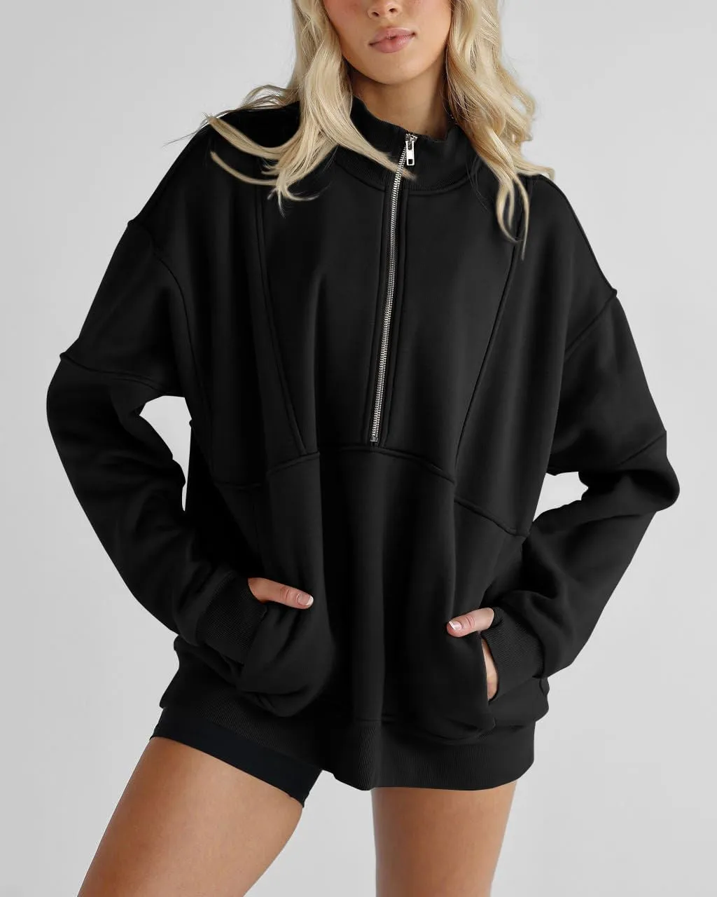 Women's Half Zip Sweatshirts Fleece Stand Collar Long Sleeve Thumb Hole Oversized Pullovers with Pockets