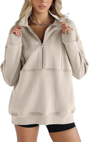 Women's Half Zip Sweatshirts Fleece Stand Collar Long Sleeve Thumb Hole Oversized Pullovers with Pockets