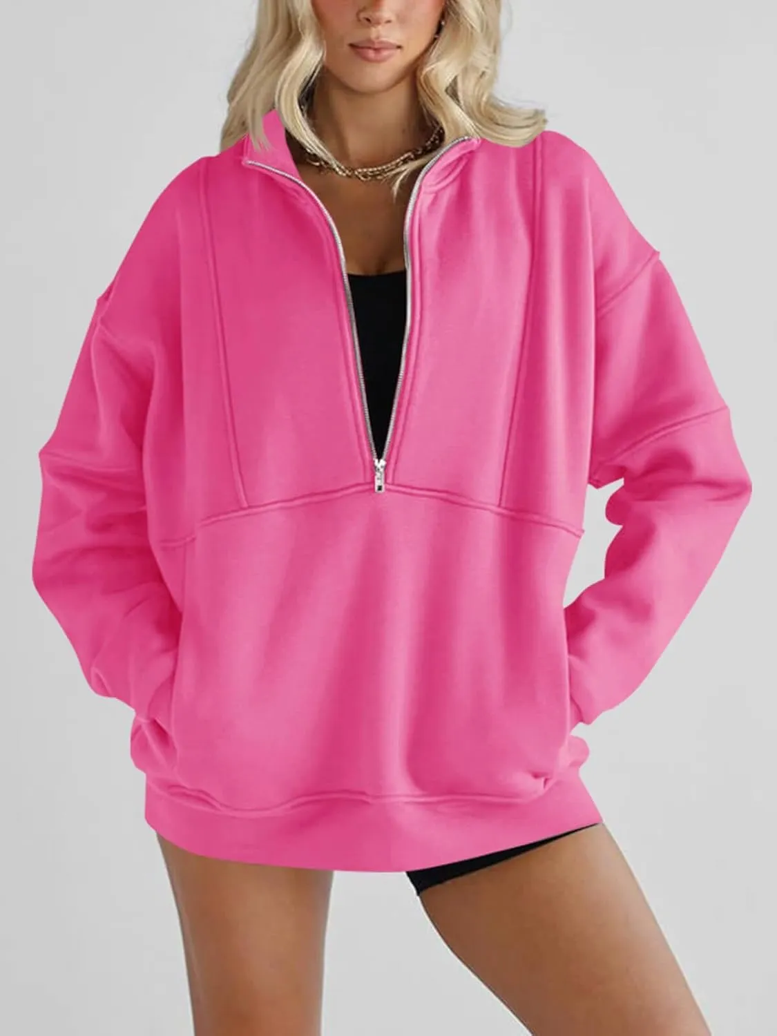 Women's Half Zip Sweatshirts Fleece Stand Collar Long Sleeve Thumb Hole Oversized Pullovers with Pockets