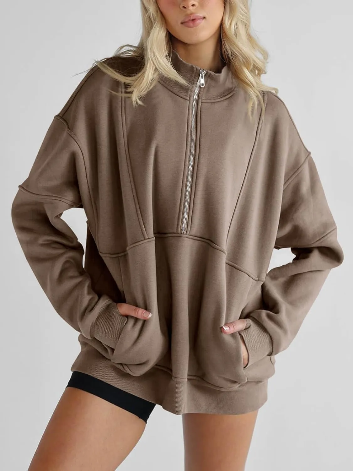 Women's Half Zip Sweatshirts Fleece Stand Collar Long Sleeve Thumb Hole Oversized Pullovers with Pockets