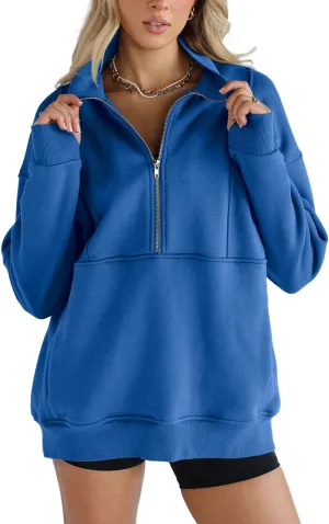 Women's Half Zip Sweatshirts Fleece Stand Collar Long Sleeve Thumb Hole Oversized Pullovers with Pockets