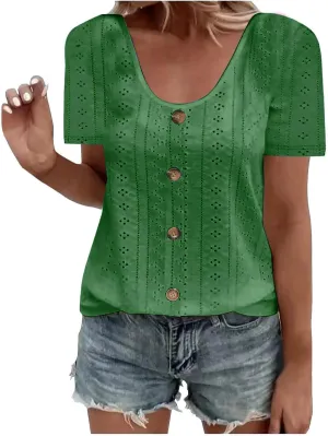 Womens Hollow Shirts Eyelet Scoop Neck Short Sleeve Business Casual Loose Plain Blouses Daily Summer Trendy Tops