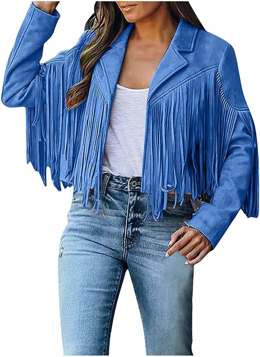 Women's Leather Jacket Faux Suede Fringe Jacket Fall Long Sleeve Lapel Vintage Coats Open Front Tassel Cardigan