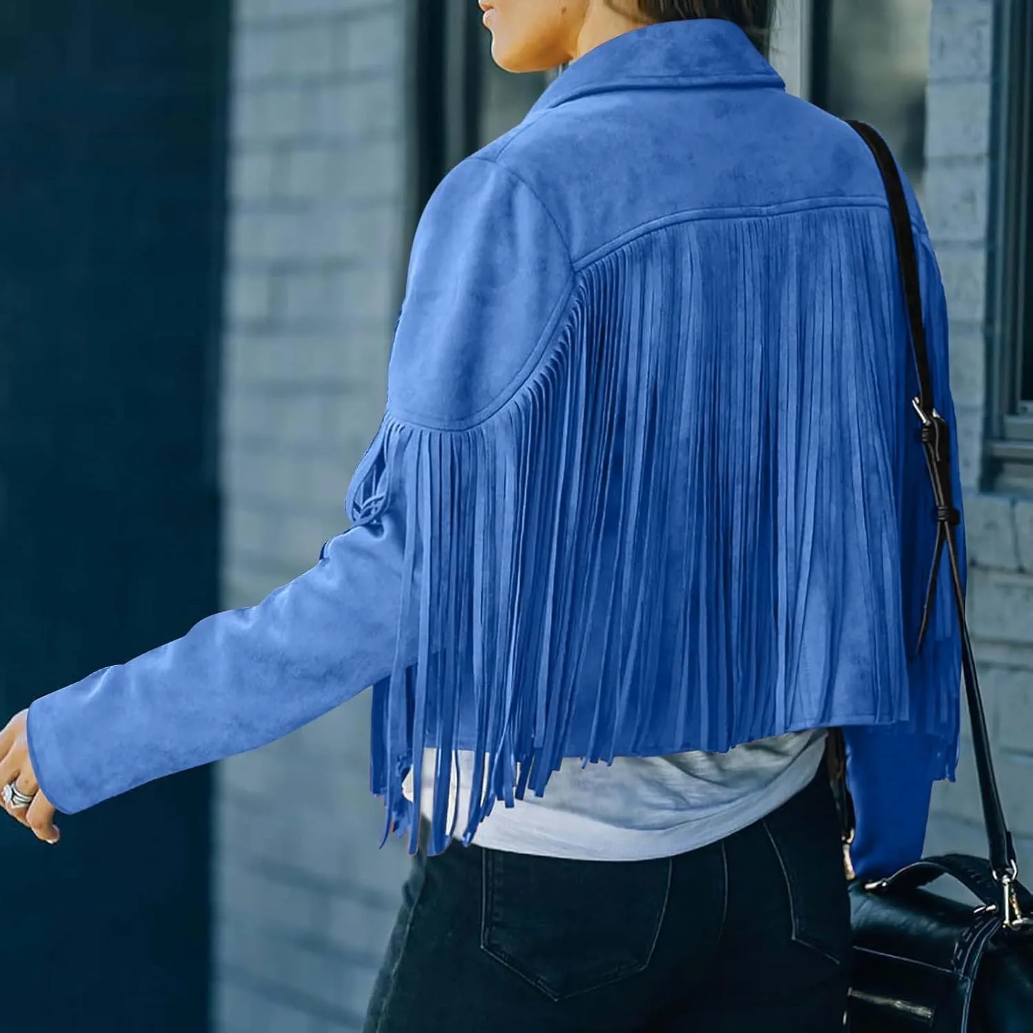 Women's Leather Jacket Faux Suede Fringe Jacket Fall Long Sleeve Lapel Vintage Coats Open Front Tassel Cardigan