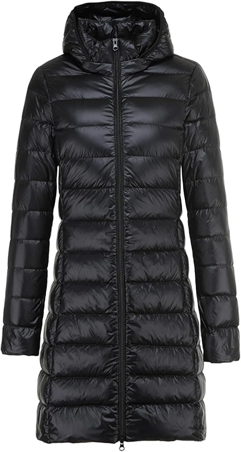 Womens Lightweight Long Puffer Jacket Water-Resistant Winter Coat Packable Hooded Long Padded Down Ccoat Outwear