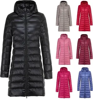 Womens Lightweight Long Puffer Jacket Water-Resistant Winter Coat Packable Hooded Long Padded Down Ccoat Outwear
