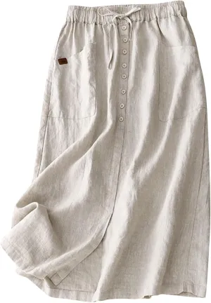 Women's Linen Skirts Summer Casual High Waisted Drawstring Midi Skirt Retro Solid Boho Dress Trendy Loose Outfits