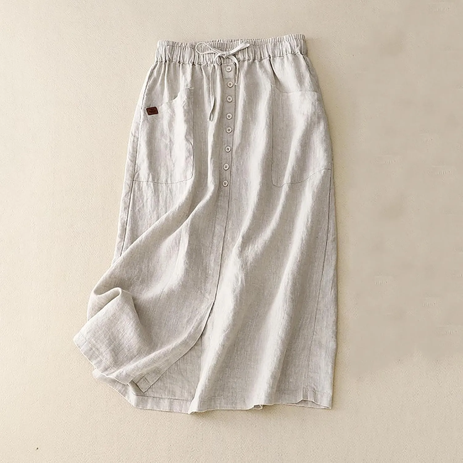 Women's Linen Skirts Summer Casual High Waisted Drawstring Midi Skirt Retro Solid Boho Dress Trendy Loose Outfits