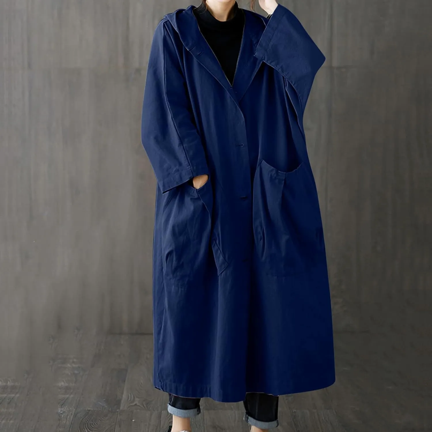 Womens Long Breasted Trench Coat Midi Length Overcoat Jacket Women Anorak