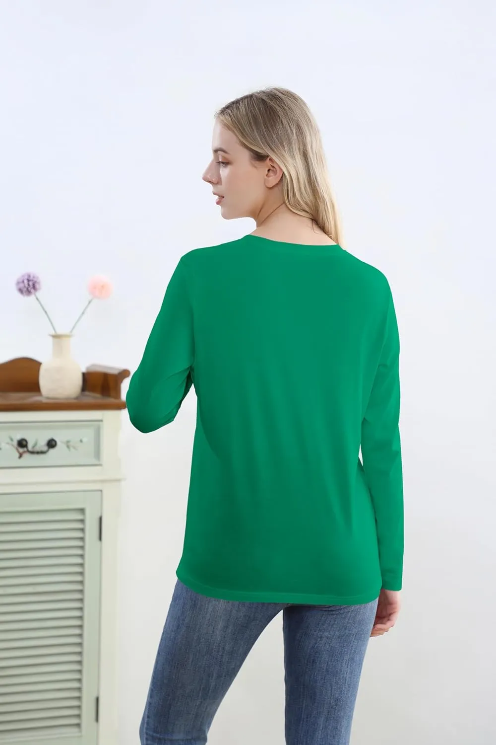 Women's Long Sleeve Crew Neck Cotton T-Shirt Regular Fit Lightweight Solid Basic Tee Soft Casual Tops Baselayer