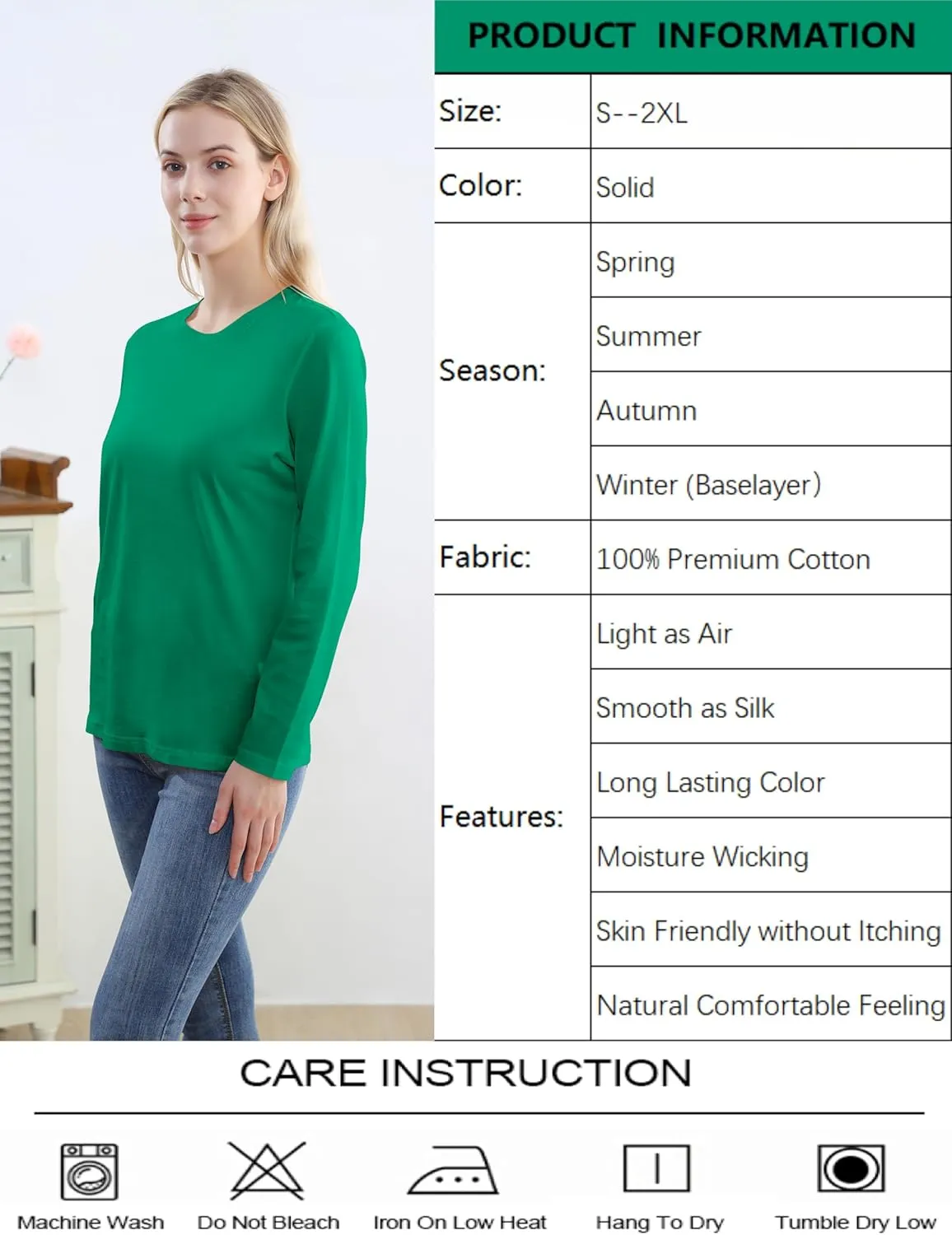 Women's Long Sleeve Crew Neck Cotton T-Shirt Regular Fit Lightweight Solid Basic Tee Soft Casual Tops Baselayer
