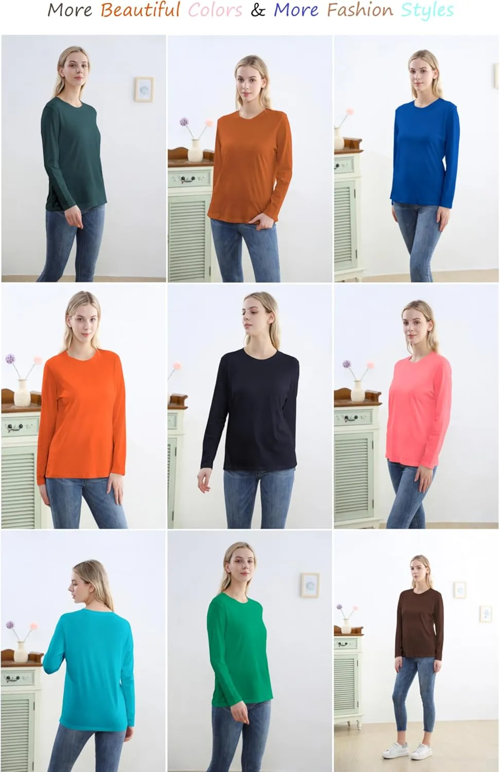 Women's Long Sleeve Crew Neck Cotton T-Shirt Regular Fit Lightweight Solid Basic Tee Soft Casual Tops Baselayer