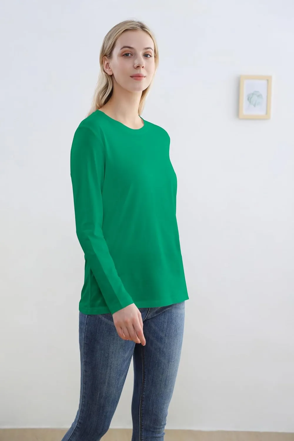 Women's Long Sleeve Crew Neck Cotton T-Shirt Regular Fit Lightweight Solid Basic Tee Soft Casual Tops Baselayer