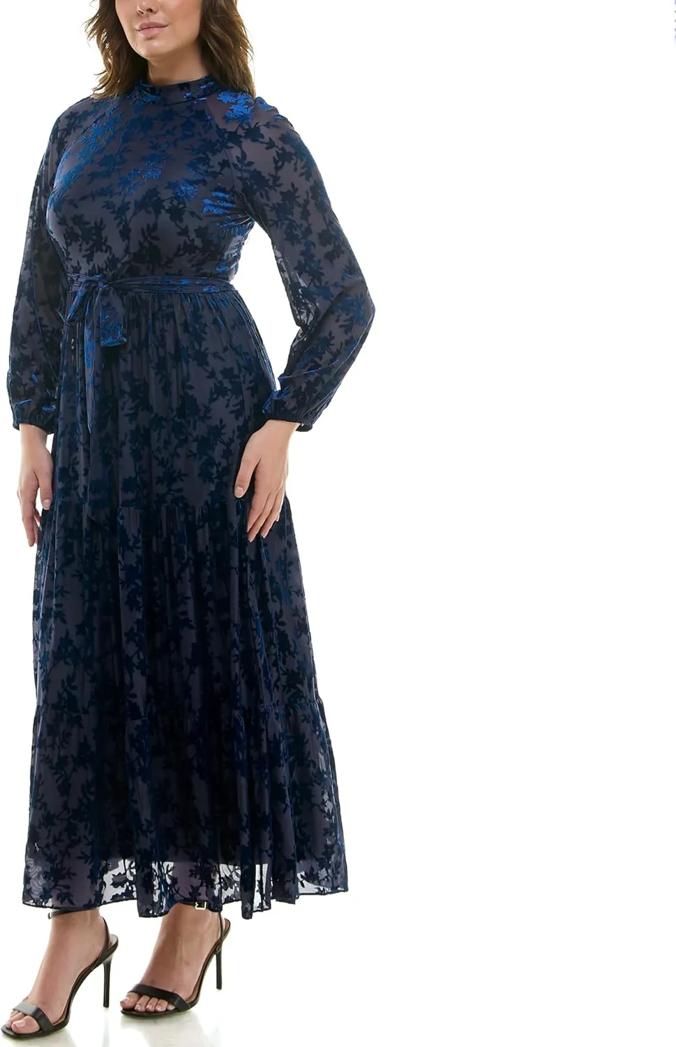 Women's Long Sleeve Velvet Burnout Mock Neck Maxi Dress