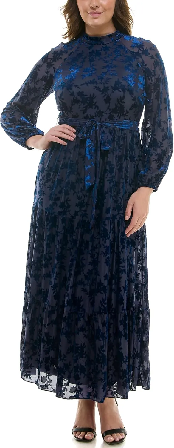 Women's Long Sleeve Velvet Burnout Mock Neck Maxi Dress