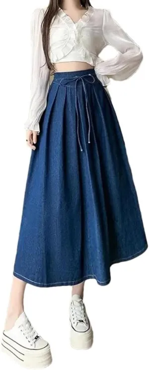 Women's Medium-Length A- Line Dress High-Waisted Slimming Denim Skirt