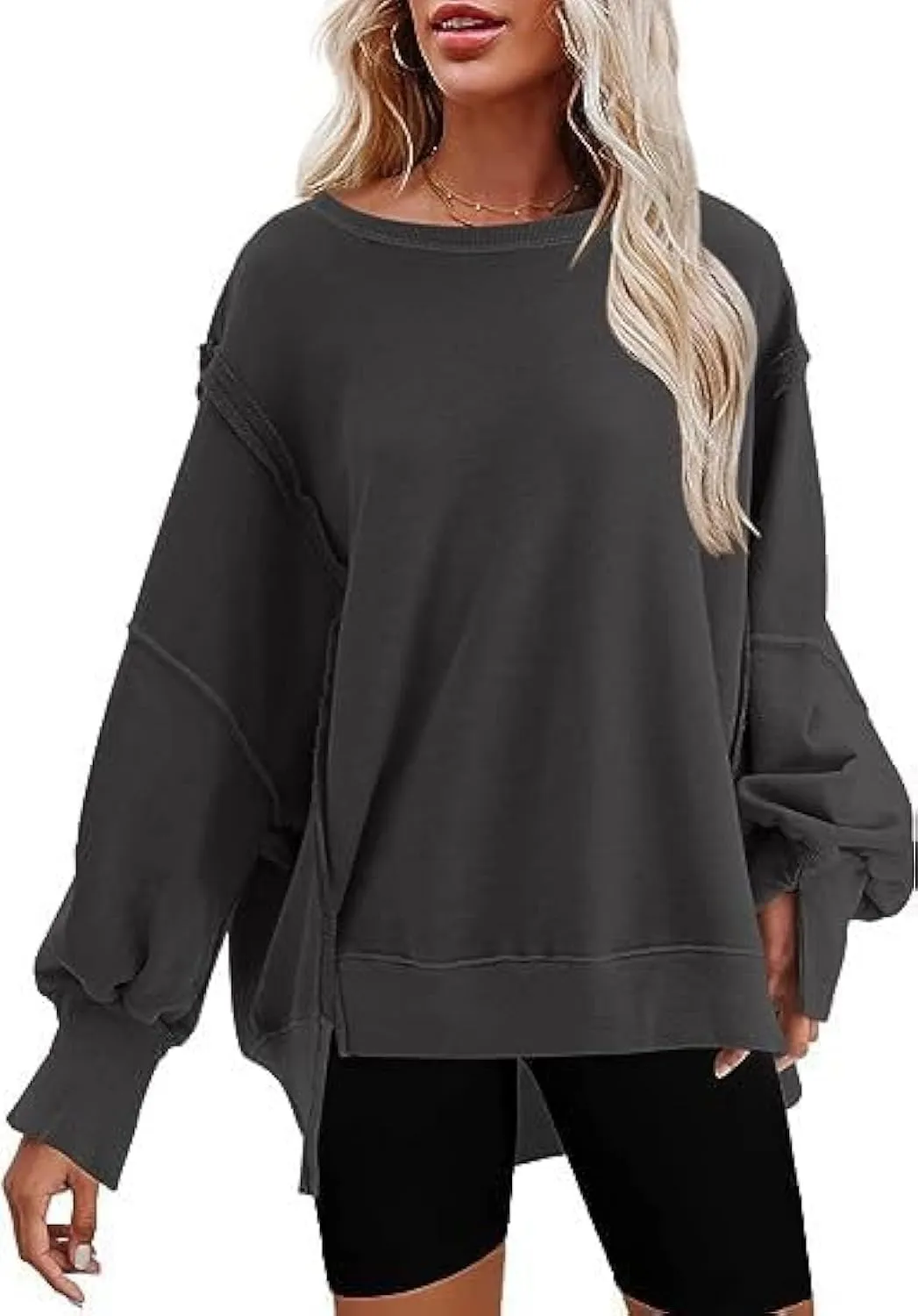 Womens Oversized Crewneck Sweatshirts Long Sleeve Side Slit Sweatshirt Lightweight Pullovers