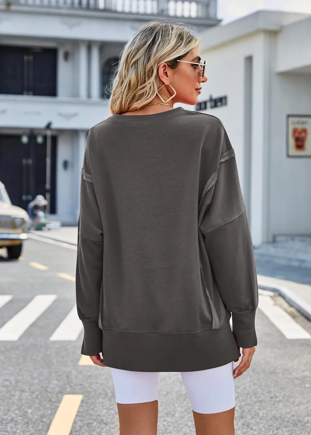 Womens Oversized Crewneck Sweatshirts Long Sleeve Side Slit Sweatshirt Lightweight Pullovers