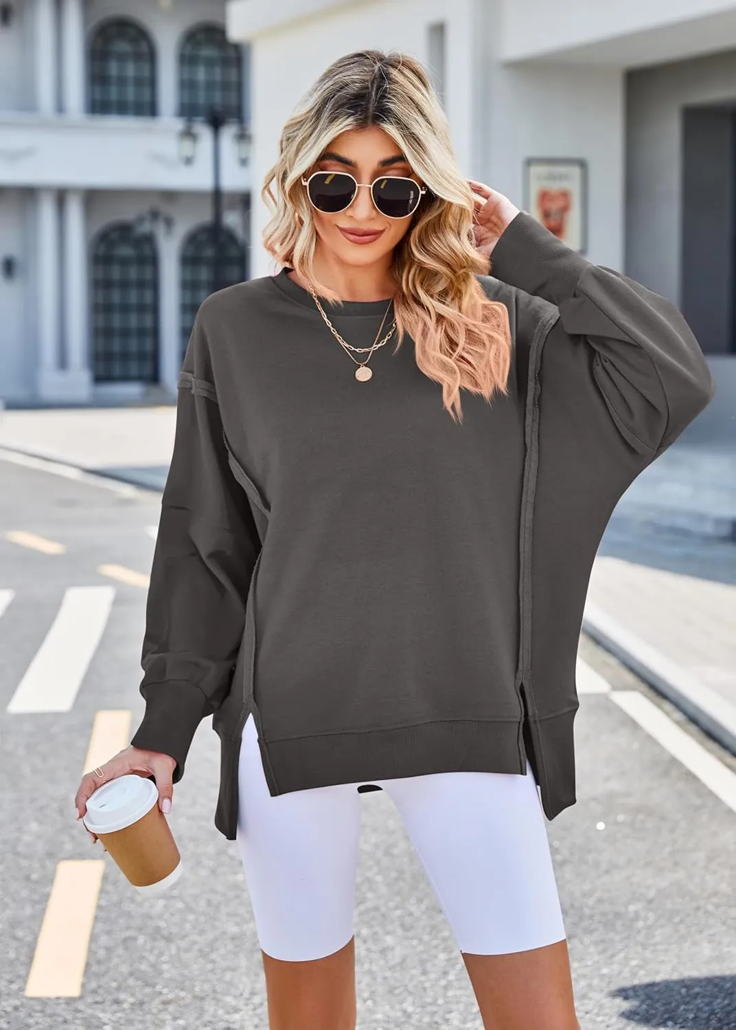 Womens Oversized Crewneck Sweatshirts Long Sleeve Side Slit Sweatshirt Lightweight Pullovers