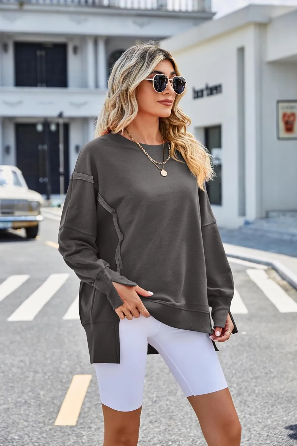 Womens Oversized Crewneck Sweatshirts Long Sleeve Side Slit Sweatshirt Lightweight Pullovers