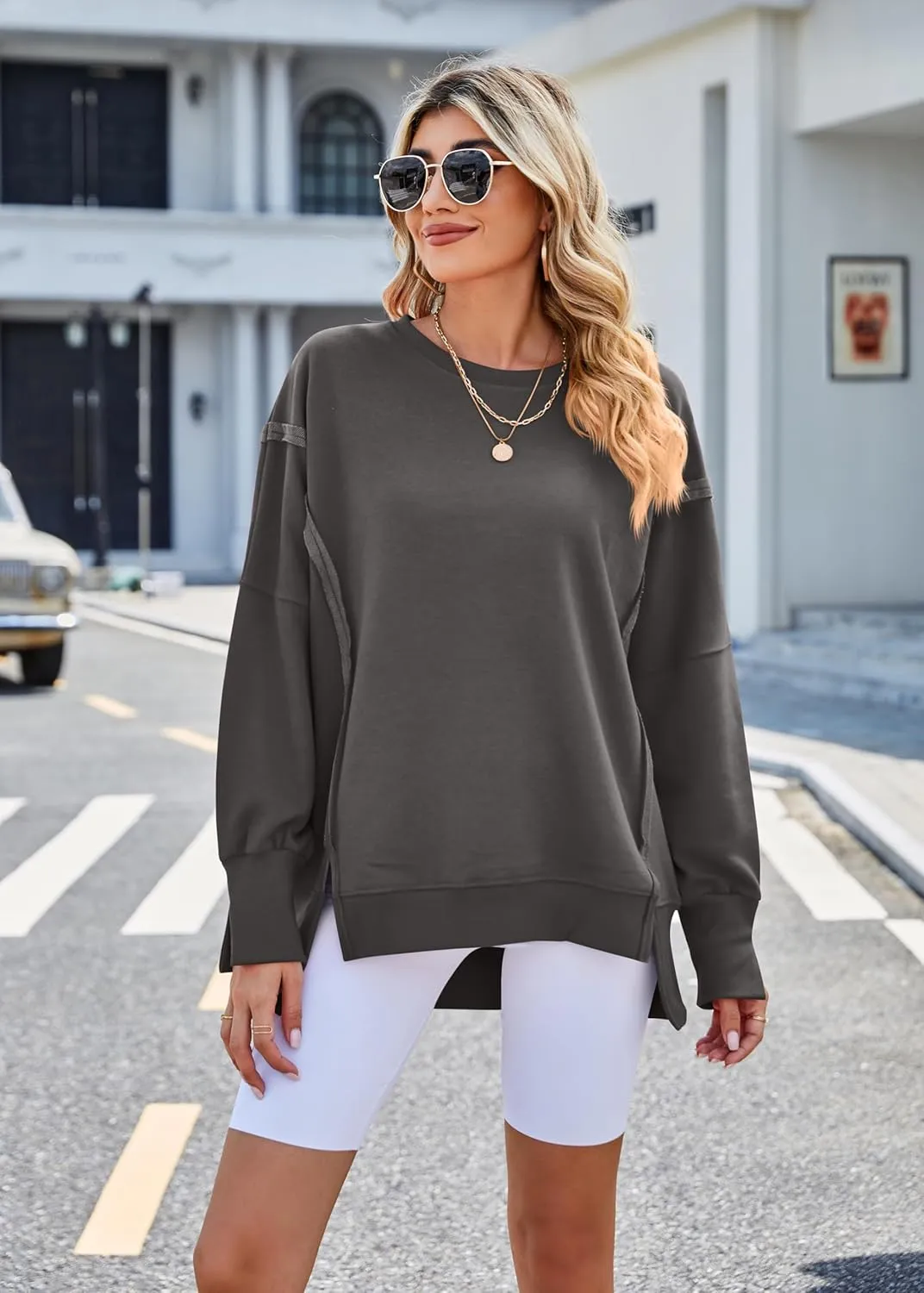 Womens Oversized Crewneck Sweatshirts Long Sleeve Side Slit Sweatshirt Lightweight Pullovers
