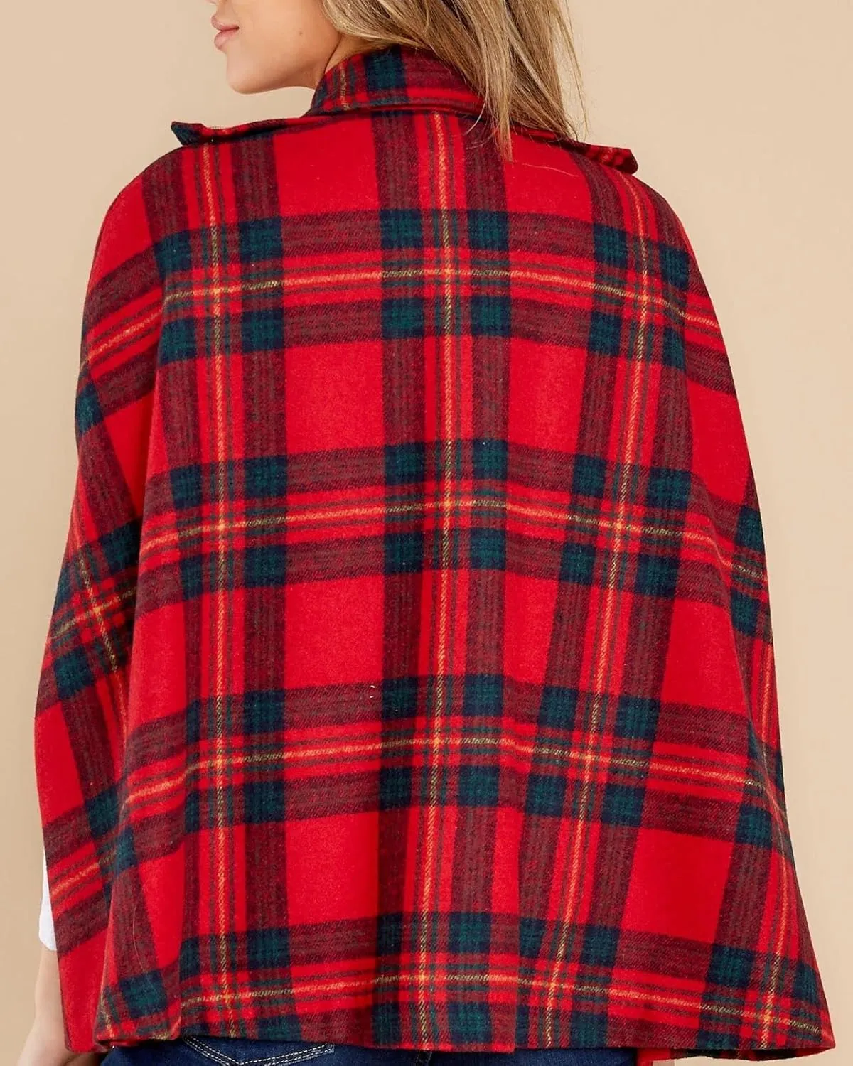 Womens Plaid Jacket Double Breasted Winter Cape Coats Turn Down Poncho with Pockets