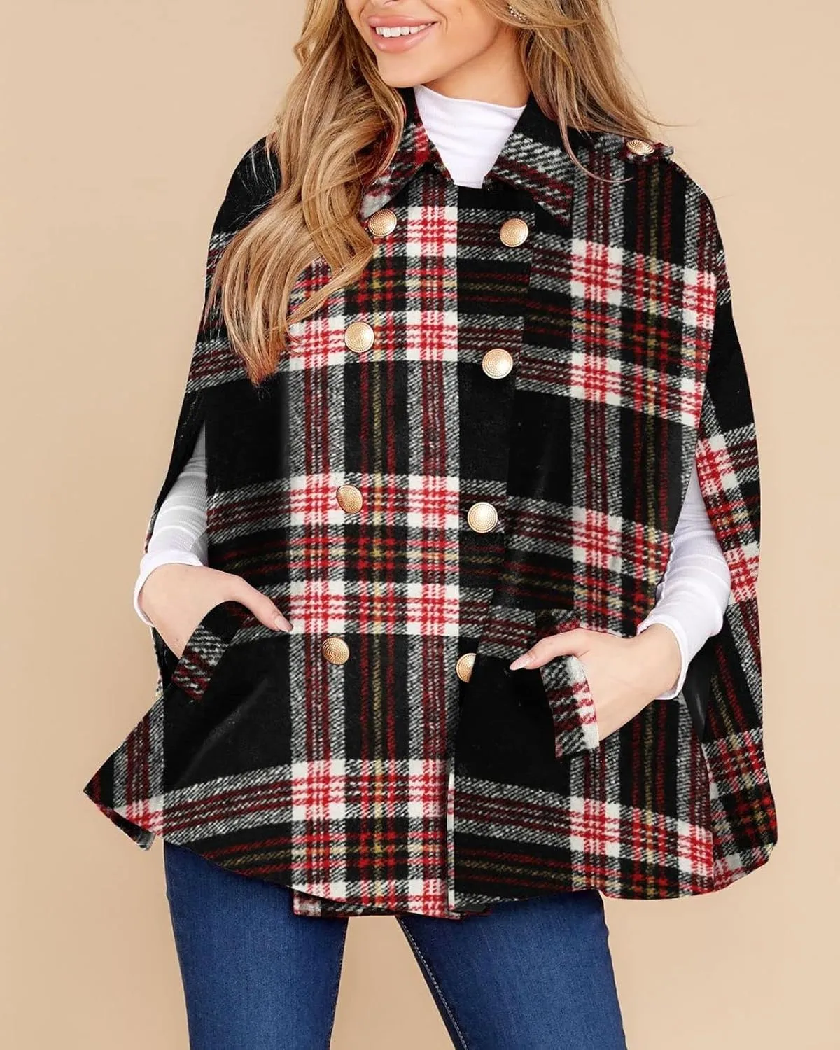 Womens Plaid Jacket Double Breasted Winter Cape Coats Turn Down Poncho with Pockets