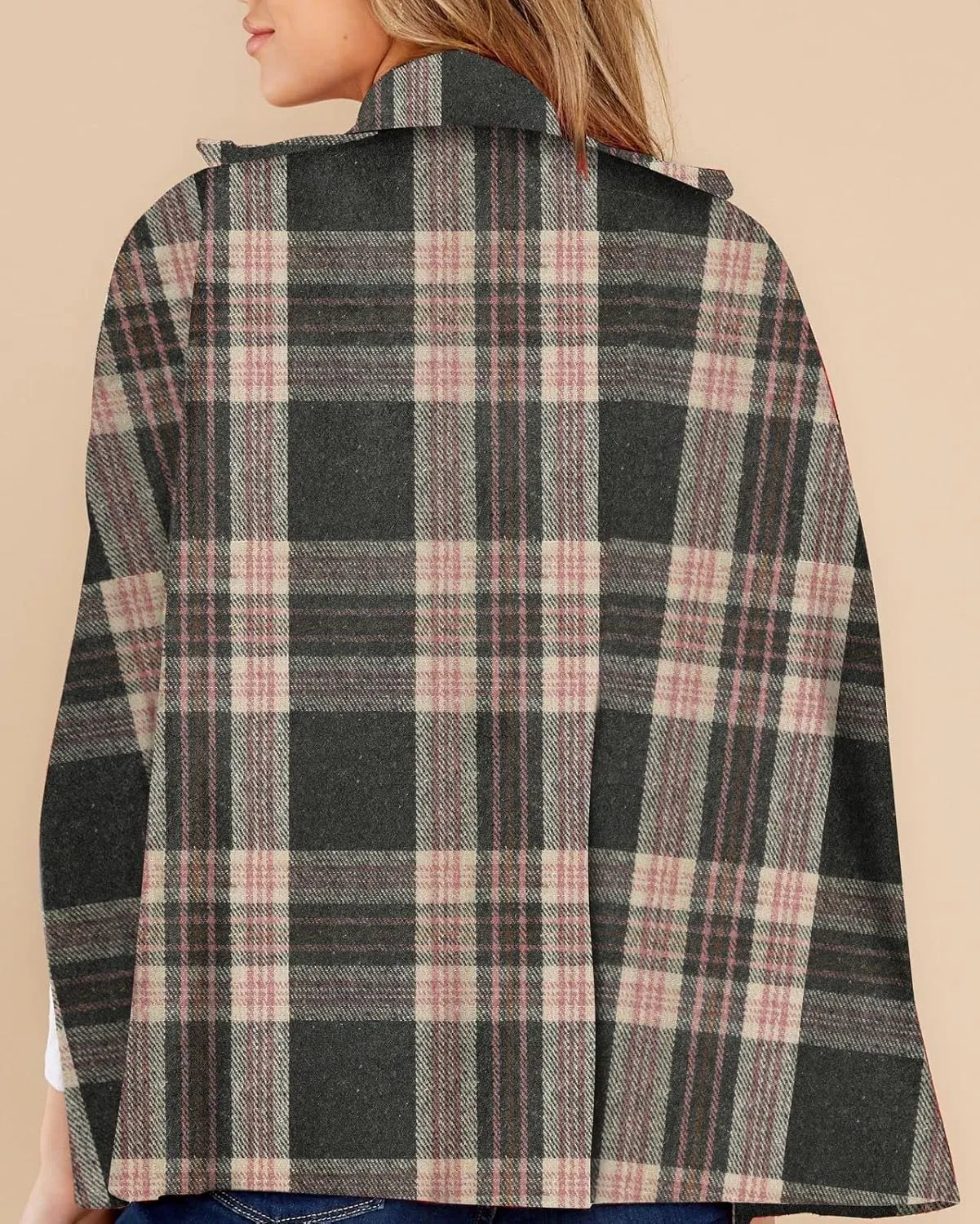Womens Plaid Jacket Double Breasted Winter Cape Coats Turn Down Poncho with Pockets