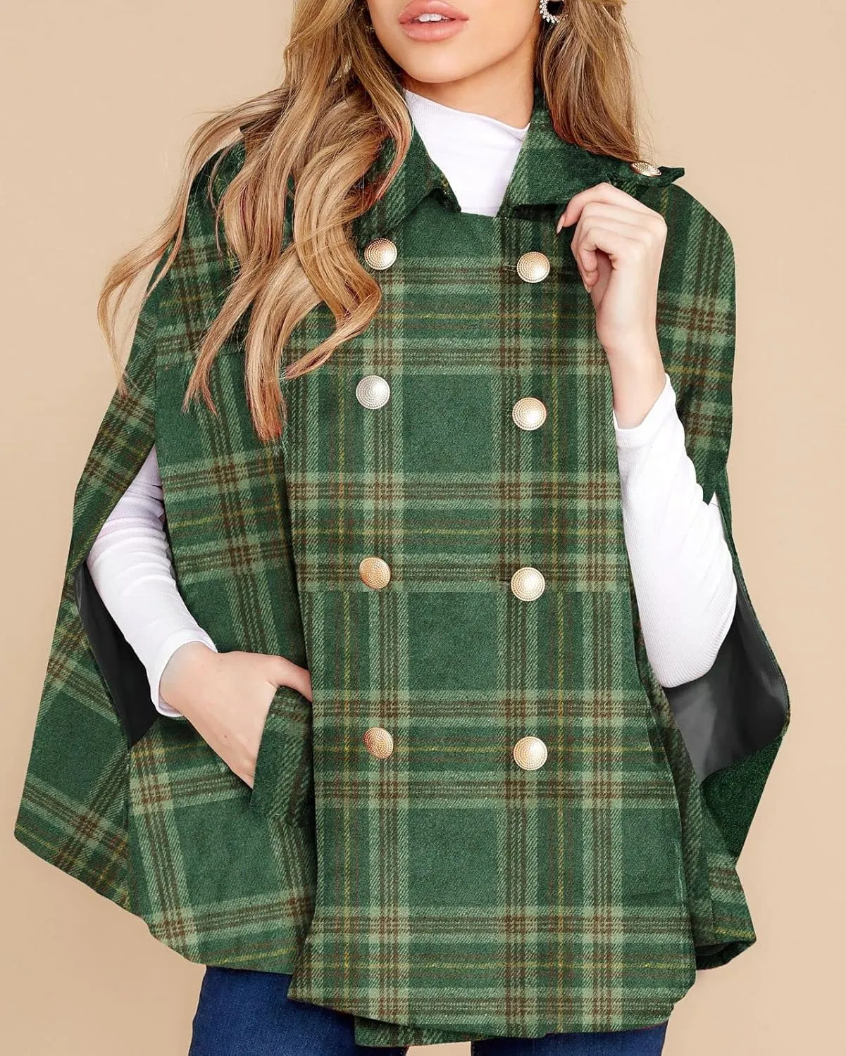 Womens Plaid Jacket Double Breasted Winter Cape Coats Turn Down Poncho with Pockets