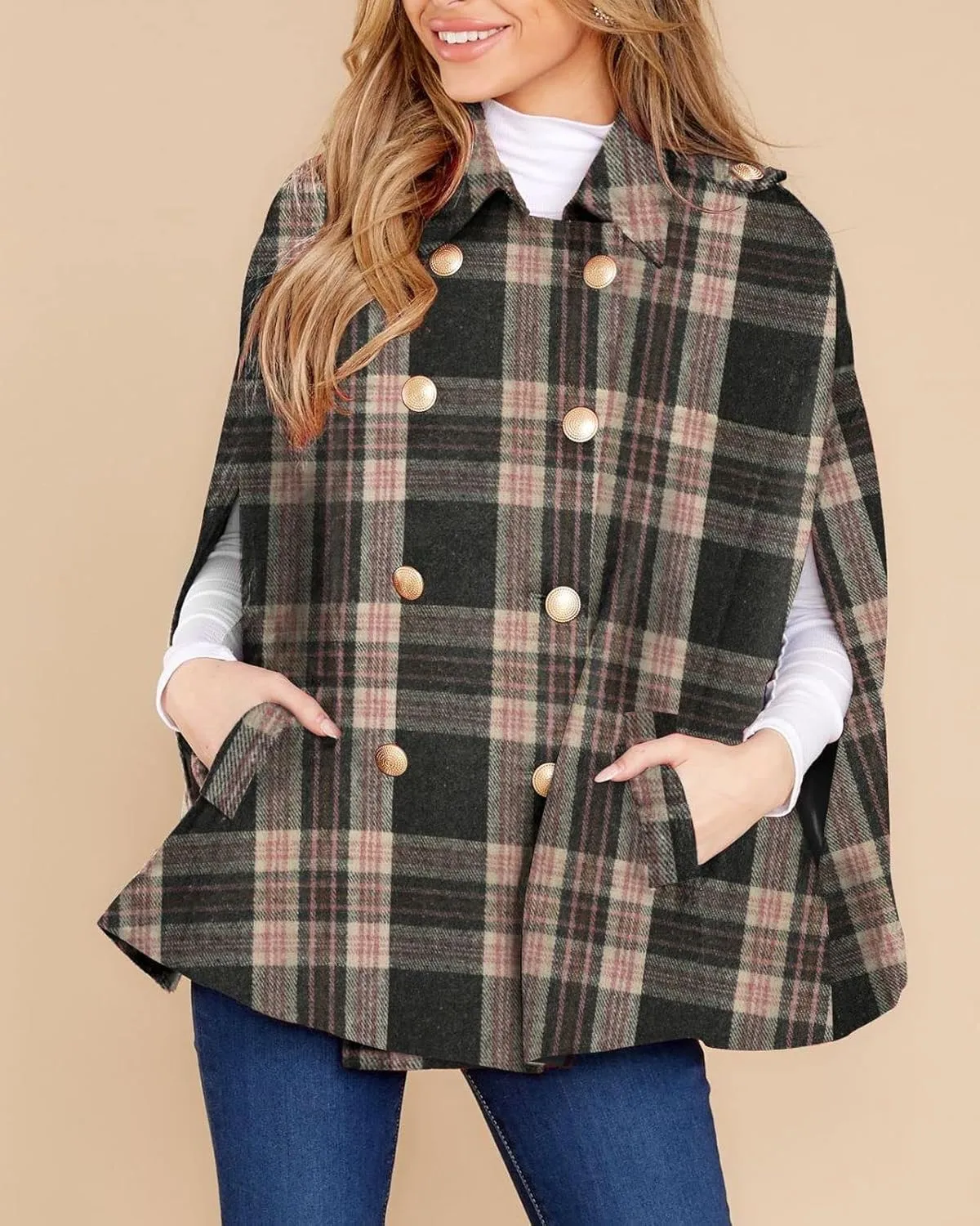 Womens Plaid Jacket Double Breasted Winter Cape Coats Turn Down Poncho with Pockets